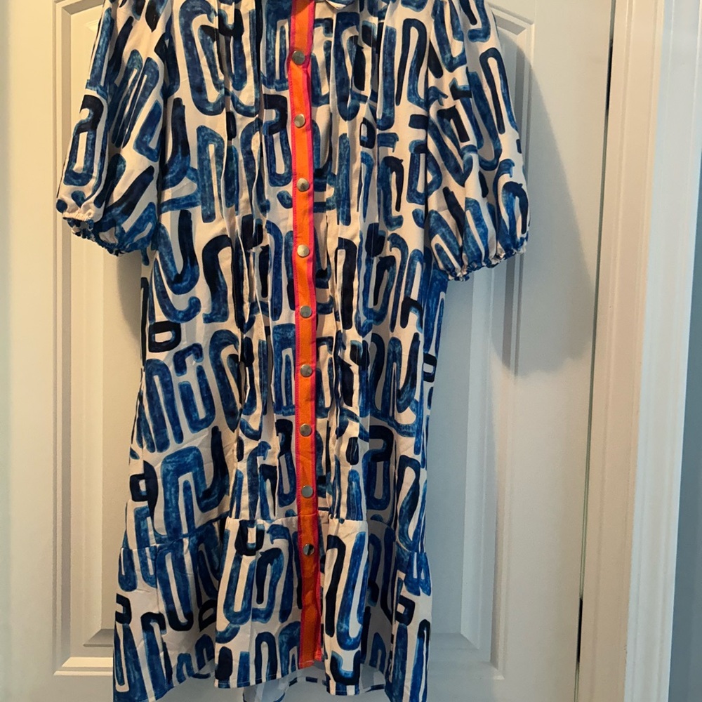 Blue and White Patterned Dress with Orange Accents